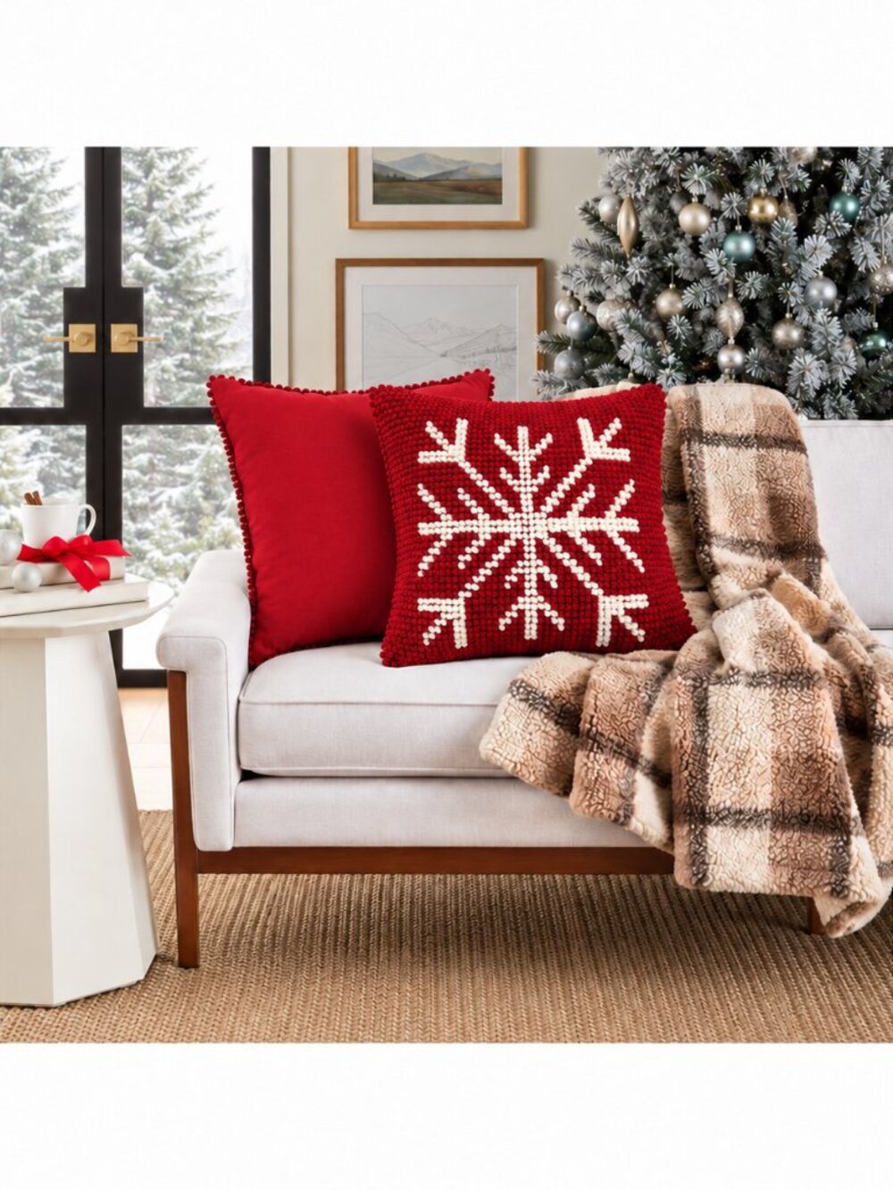 Mina Victory Christmas Snowflake Pillow Red Ivory 22x22 Textured Holiday Decor